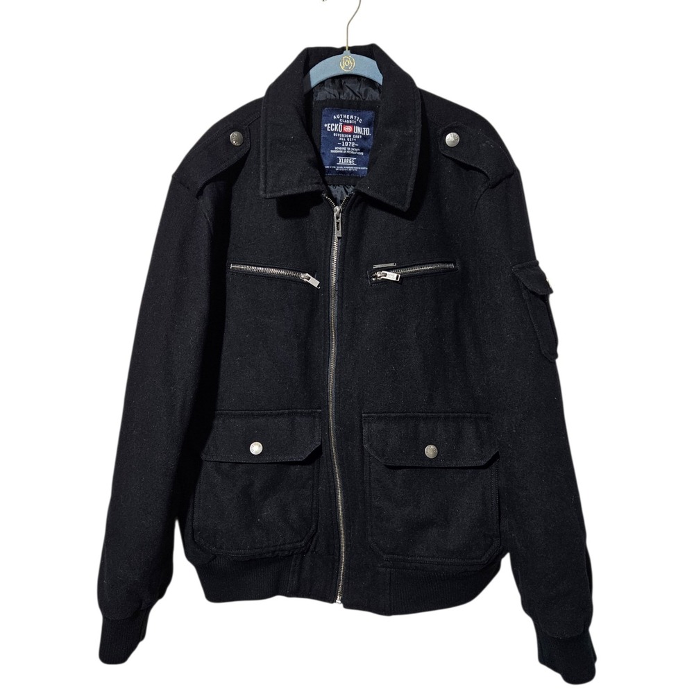 Vintage Ecko Unltd Wool Blend Bomber Jacket Full Zip Streetwear Mens‎ XL Black